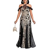 Cololura Women Sexy Sequin Halter Neck Short Sleeve Mesh Perspective Party Bodycon Evening Cocktail Maxi Dress