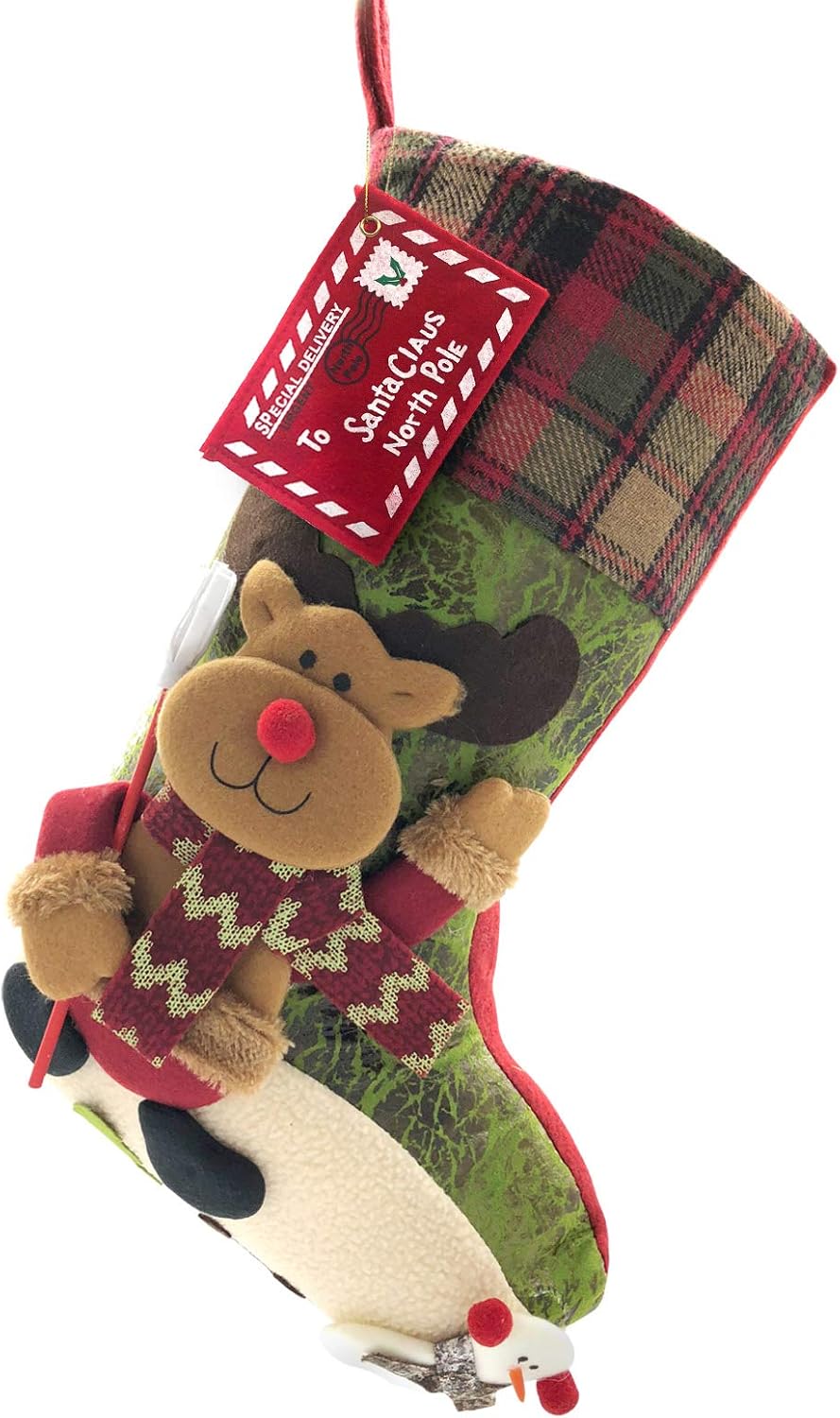 Stockings & Holders - ETERAMUS 21 inch Plaid Christmas Stockings Deer, Bear, Animal One Piece, Felt Large Plush 3D Reindeer Snowman Design Hanging Stocking for Girls Boys Xmas Tree Mantel Party Decor (Green)