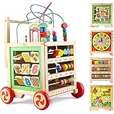 Wooden Activity Cube Toys with Bead Maze Baby Clocks Shape Sorter Abacus 6 in 1 Play Push and Pull Learning Walker Educationa