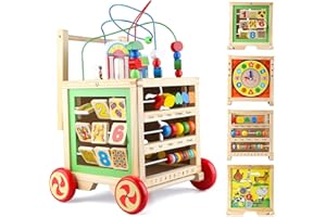 Wooden Activity Cube Toys with Bead Maze Baby Clocks Shape Sorter Abacus 6 in 1 Play Push and Pull Learning Walker Educationa