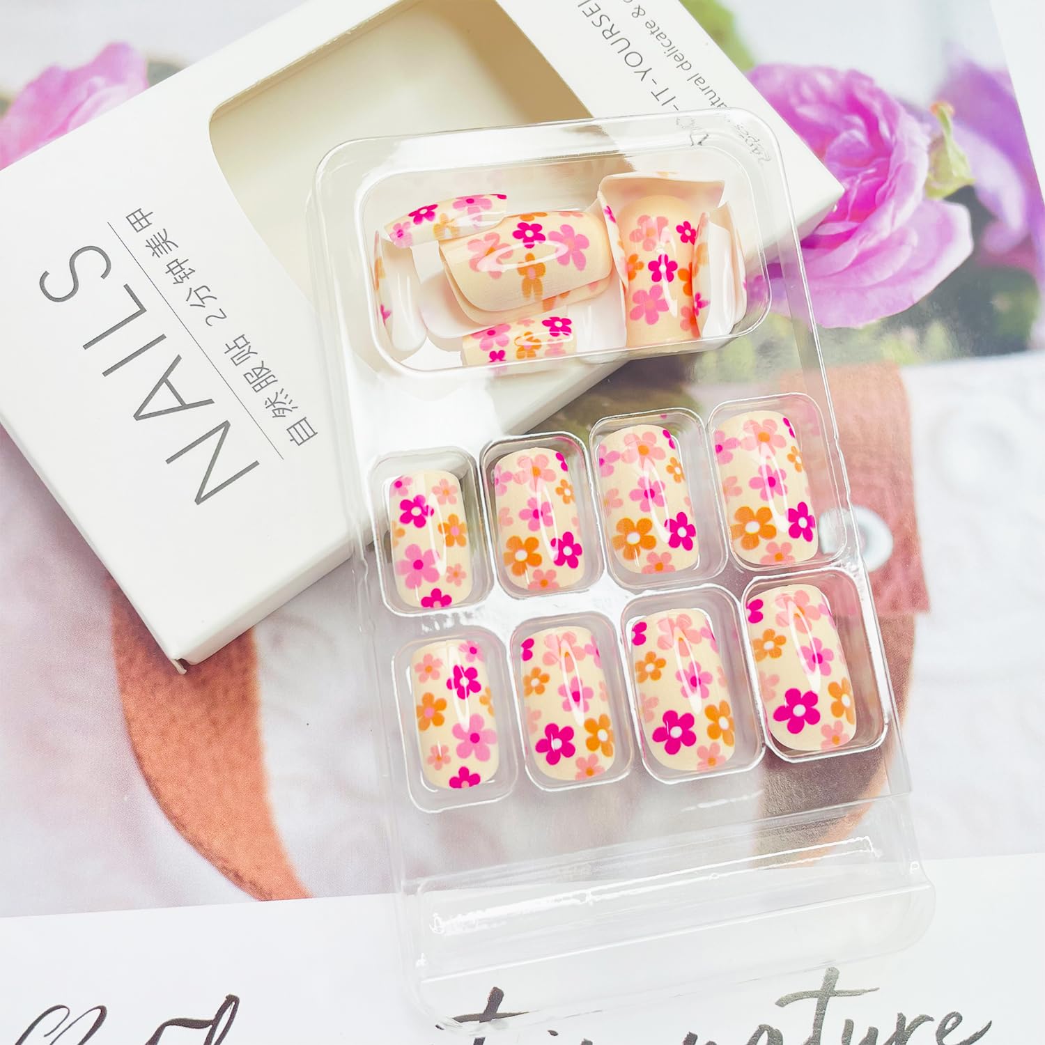 NEWSPIED Coffin Shaped Press on Nails Short Square White Fake Nails with Flowers Designs Full Cover Stick on Nails Spring Summer Small Floral Acrylic False Nails Cute Glue on Nails for Women 24Pcs - Image 3