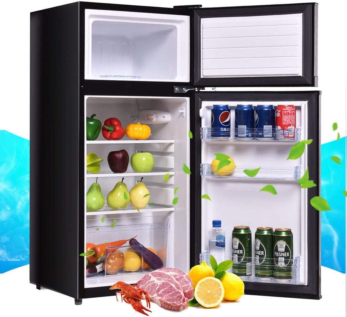Modern Design Refrigerator Black 2 Doors 3.4 cu ft. Unit Cold-rolled Sheet Compact Shelves Beverage Cooler Favorite Drinks Cold Wine, Decor Home Kitchen Built-in Furniture, Floor Standing