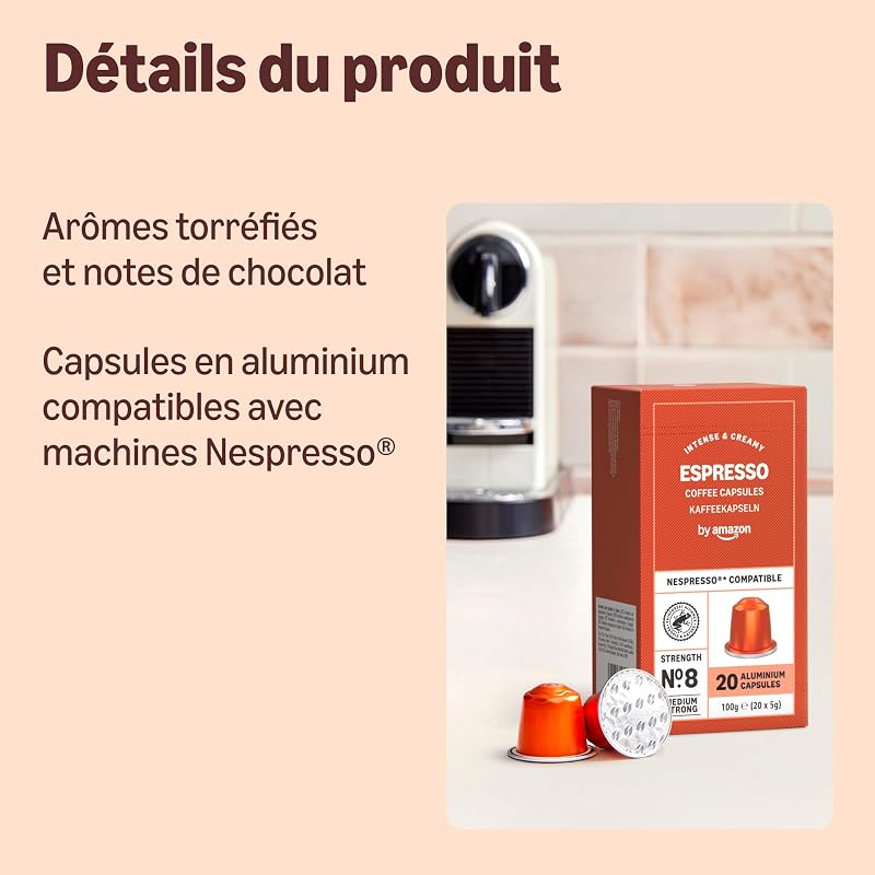 Capsules de café Espresso compatibles avec Nespresso, capsule en aluminium, torréfaction légère, 100 Pièces, 5 lot de 20 - Certifié Rainforest Alliance