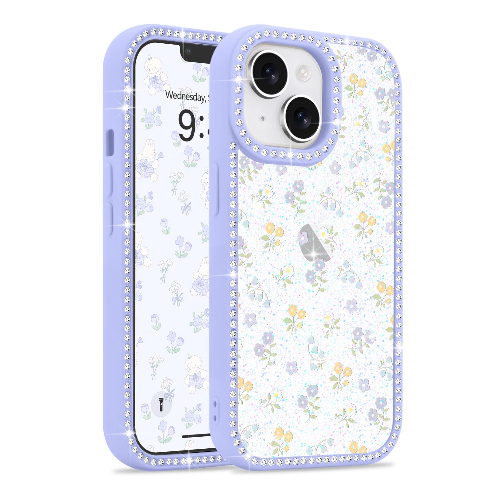 Lafunda for iPhone 14/13 Case Cute, Luxury Bling Glitter with Sparkle Diamonds Clear Shiny Floral Bumper for Women Girls Anti-Scratch TPU Shockproof Protective Phone Case for iPhone 13/14, Purple