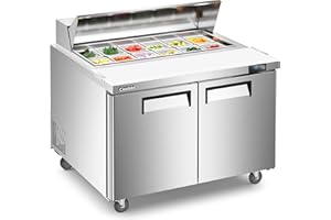 COOLSKI 48’’ W Commercial Refrigerator 2 Door, Refrigerated Sandwich Salad Prep Table with 12 Pans Cutting Board, Mega Top/Stainless Steel/13 Cu.FT. Capacity/ETL NSF Approved