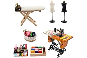 HIAWBON 1 :12 Scale Miniature Sewing House Scene Model Accessories Simulation Vintage Sewing Machine, Sewing Box, Ironing Board