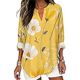 Boho Long Sleeve Top for Women Floral Print Summer V Neck Tunic Shirts Dressy Casual Vintage Flowy Baggy Blouses