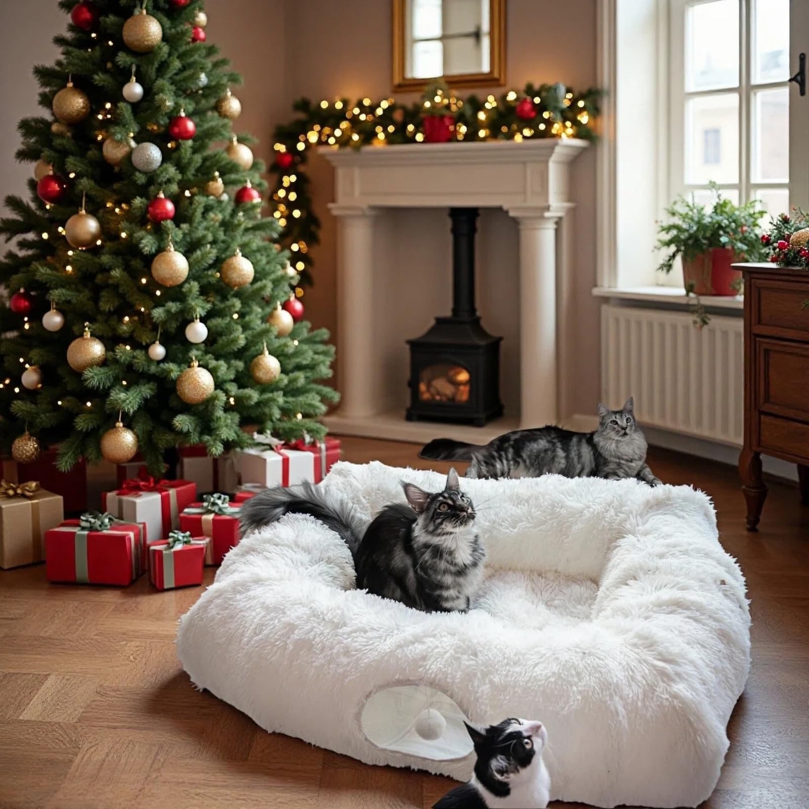 Photo 1 of XxingSheep 4 Cave Shuttled XL Cat Tunnel Bed for Indoor Cats Peekaboo Toy Donut with Warm Mat, White