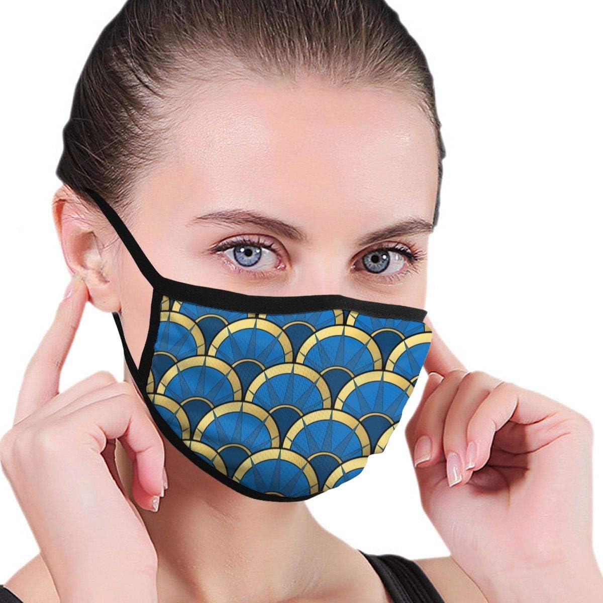 Face Mask Mouth Mask Art Deco Fancy Fan In Navy And Gold Washable Reusable Fashion Comfy Anti Dust Half Face for Women Man teens