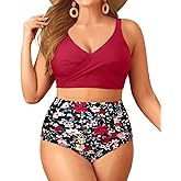 Plus Size Two Piece Swimsuit - High Waisted Bikini Set Tummy Control Bathing Suits for Women