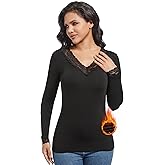 MANCYFIT Thermal Underwear for Women Long Sleeve Undershirt Lace V Neck Shirts Fleece Lined Tops Cold Weather