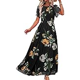 Simplee Womens Summer Floral Summer Maxi Dresses Boho Flowy Flutter Short Sleeve Crew Neck Vacation Smocked Chiffon Dress