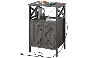 LDTTCUK Side Table with Charging Station, Sofa End Table with Power Outlet & USB Ports, Nightstand with 2 Tiers Storage Space and Storage Cabinet for Bedroom, Living Room,Office,Grey