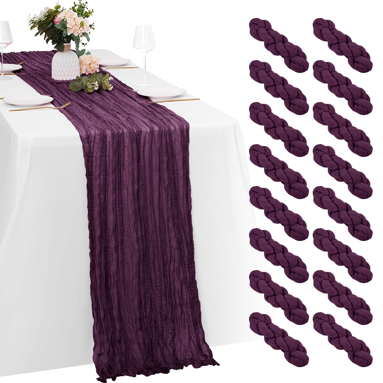 Photo 1 of 16 Pack Dark Purple Cheesecloth Table Runners 20x120 Inch Gauze Table Runner 10FT Easter Cheese Cloth Table Runner Rustic Sheer Runner for Wedding Baby Shower Birthday Party Table Decor