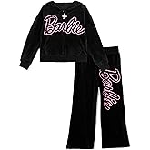 Barbie Girls Velour Drop Shoulder Zip Up Hoodie and Flare Pants Outfit Set Toddler to Big Kid Sizes (2T - 14-16)