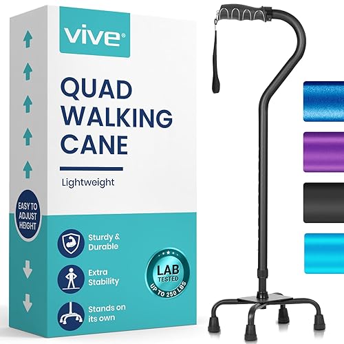 Vive Quad Cane - Walking Stick for Men and Women - Lightweight Adjustable Staff - Comfortable Right and Left Hand Grip for Stability Support - Four Prong Sturdy Aluminum Travel Aid - 4 Tip Black