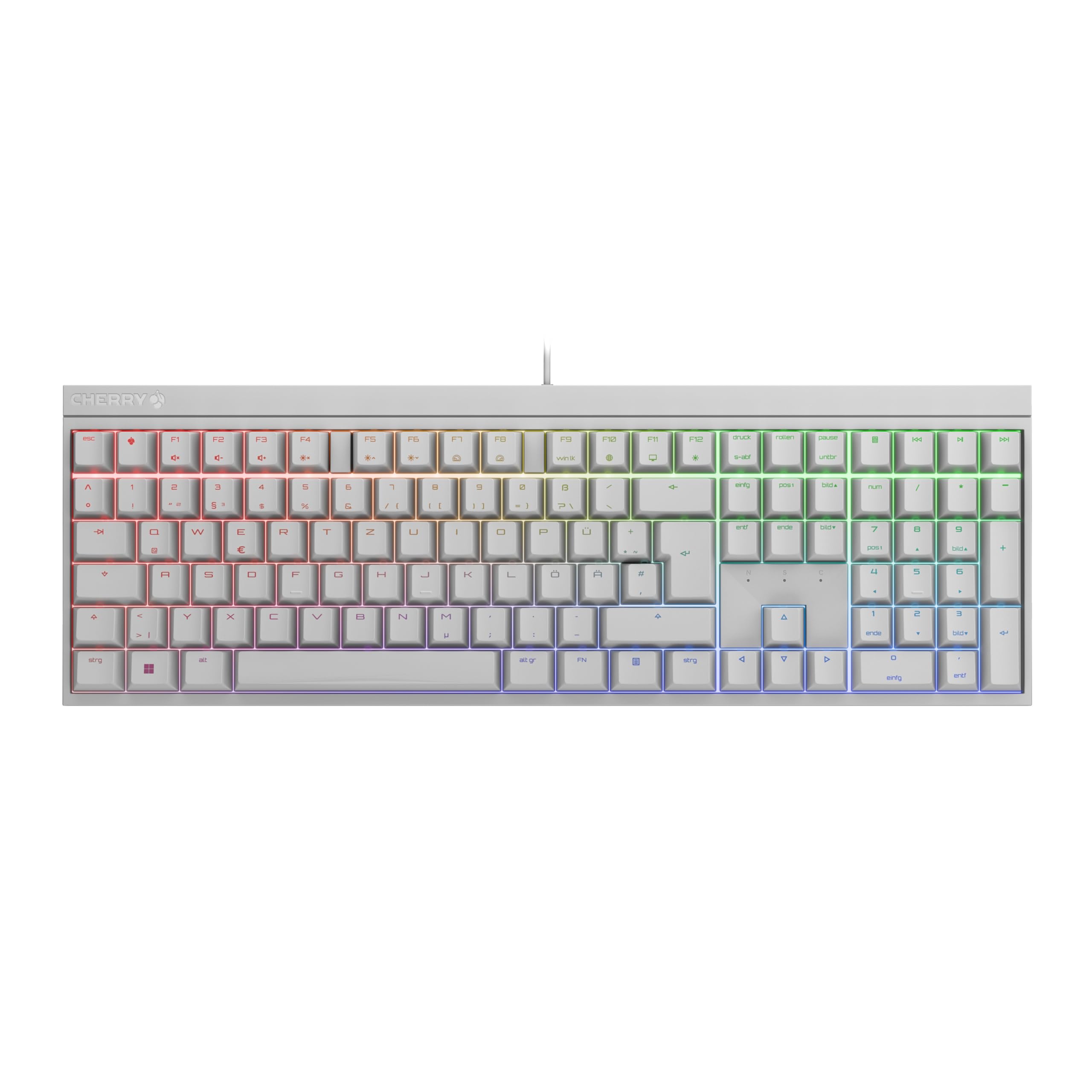 CHERRY MX 2.0S, Mechanische Gaming-Tastatur mit RGB-Beleuchtung, Deutsches Layout (QWERTZ), Kabelgebunden, Designed in Germany, MX BLUE Switches, Weiß