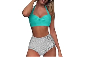 AITEQY Womens Two Piece Swimsuit Retro Halter Ruched High Waist Tummy Control Bikini Floral Tropical Bathing Suits Swimwear