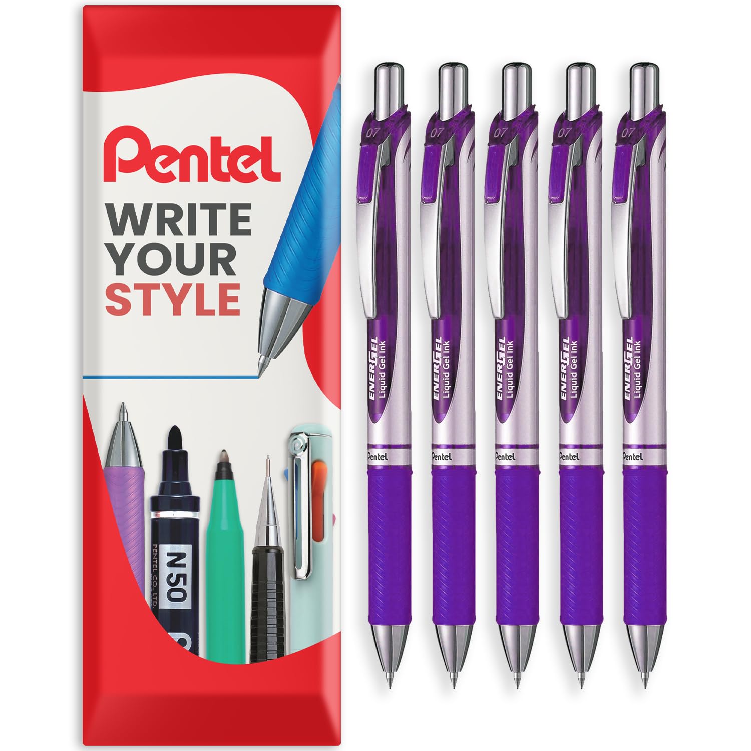 Pentel EnerGel XM BL77 - Retractable Liquid Gel Ink Pen - 0.7mm - 54% Recycled - In Envelope Gift Packaging (Violet Pack of 5)