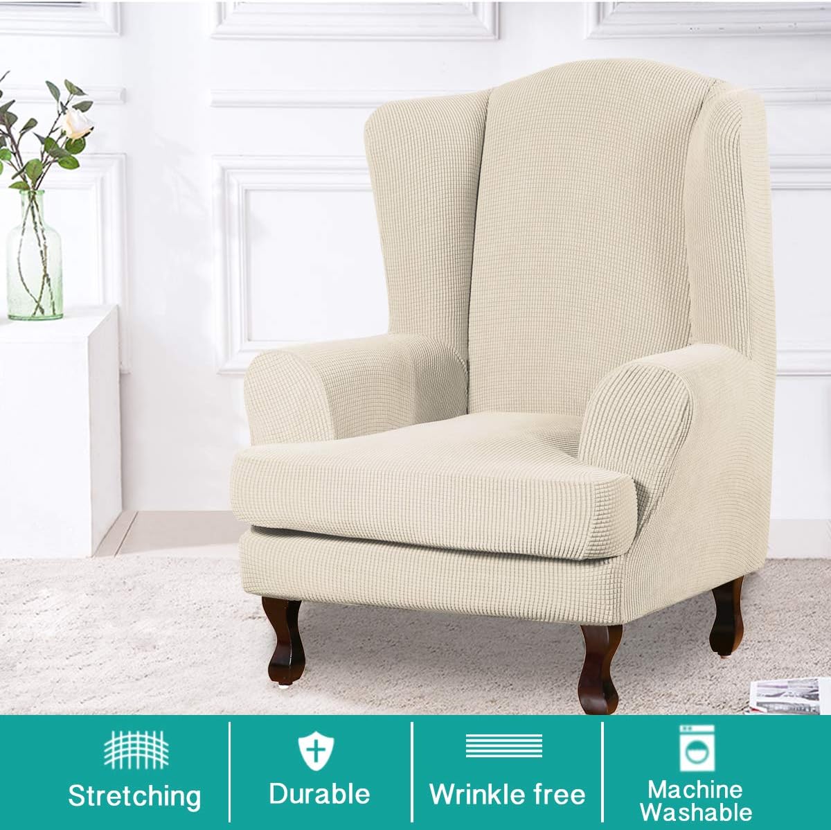 Turquoize Stretch Wing Chair Slipcover Wingback Armchair Chair Sofa Cover Furniture Protector 2-Piece with Elastic Bottom Anti-Slip Foam Kids Jacquard Fabric Small Checks (Wing Chair, Biscotti Beige): Furniture & Decor