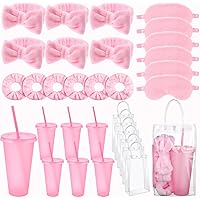 30 Pcs Spa Sleepover Party Supplies for Girls 6 Make Up Headband 6 Plush Sleep Eye Mask 6 Reusable Glitter Cups 6 Cute Women
