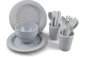 LAYRON Plastic Plates and Bowls Sets,College Dorm Room Essentials Dishes Set Camping Plates,Dinnerware Accessories Mess Kit-Microwaveoven Safe BPA-Free with Mesh Bag-24PCS