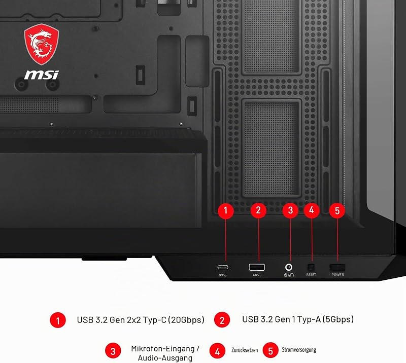MAG PANO M100L PZ ATX PC-Gehäuse, GPU-Support-Ständer, Füllstandsanzeige, Staubfilter, 33 mm Kabeldurchlass, USB Typ-C (20Gbps)