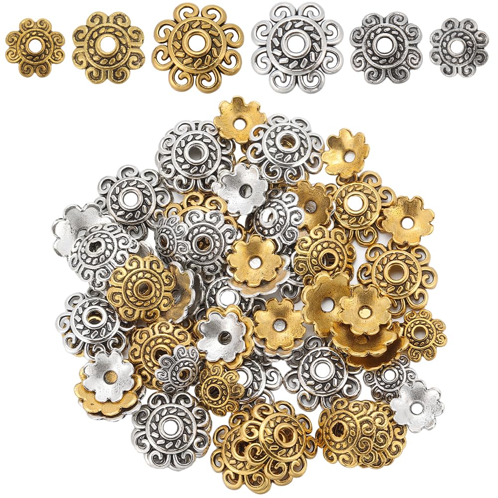 SUNNYCLUE 1 Box 240Pcs 6 Styles 8mm 10mm Flower Bead Caps End Cap Beads Tibetan Antique Silver Gold Vintage Spacer Beads for jewellery Making Bead Assortments DIY Earrings Bracelet Necklace Handmade — image 1