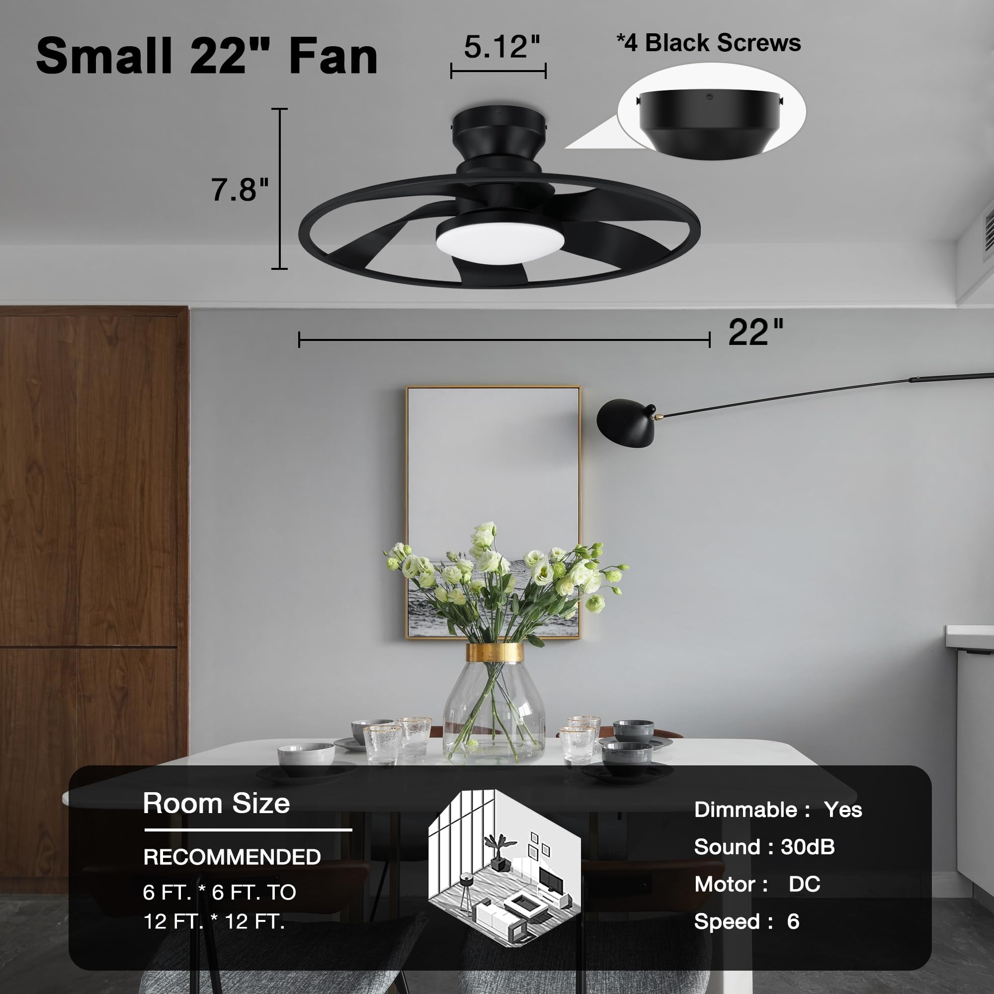 Hoenofly 22” Smart Low Profile Ceiling Fans with Lights Remote,Quiet DC Motor,Bladeless Flush Mount Ceiling Fan Controlled by WiFi Alexa App,Modern Black for Small Indoor Bedroom Outdoor Patio