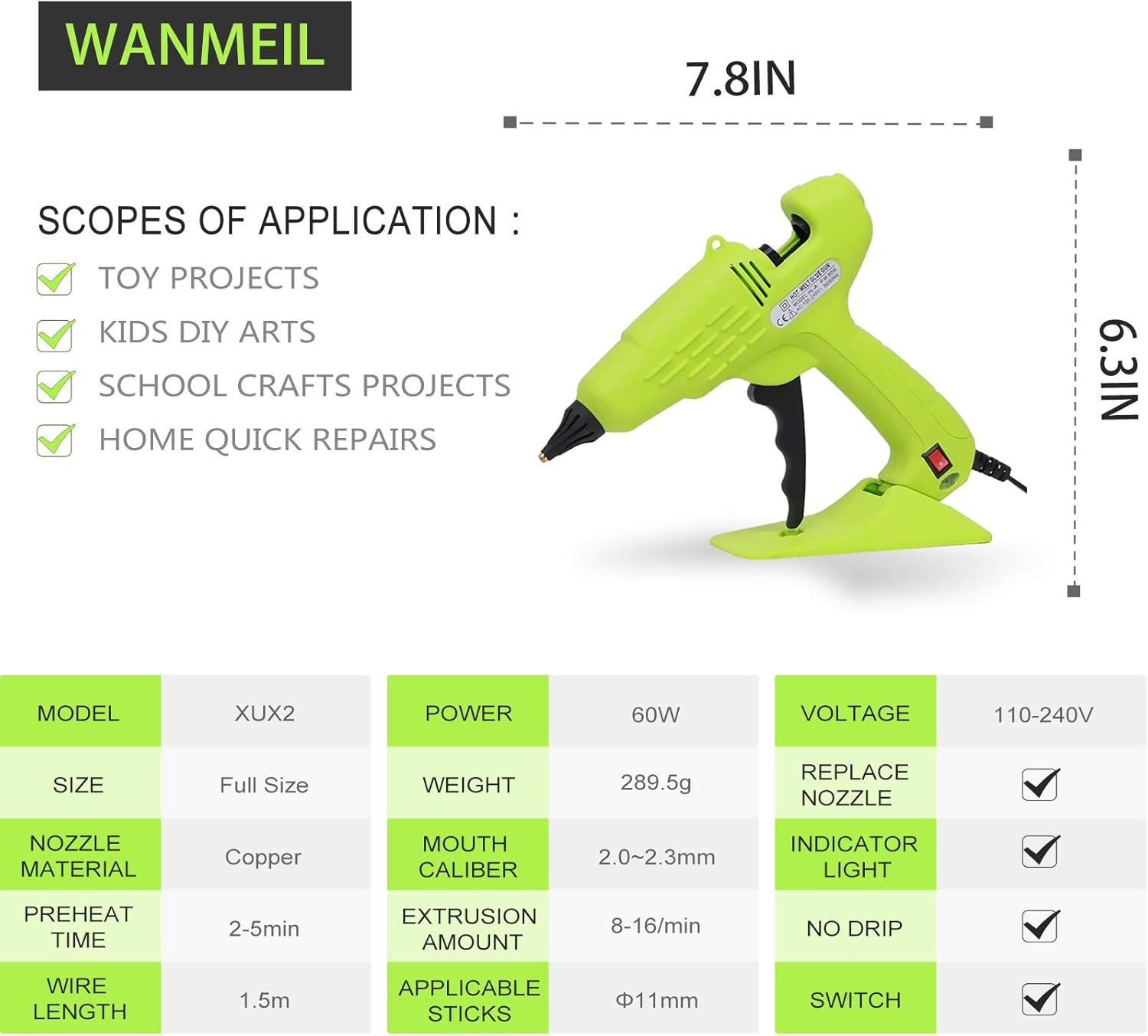 Full Size Hot Glue Gun 60W Craft Glue Gun with Nozzle & 10Pcs 11 mm Glue Sticks and Hot Melt Glue Gun with Switch for DIY, Arts & Crafts, Home and Office Quick Repairs (green): Home Improvement