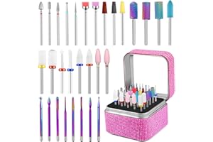 Cellentool 30Pcs Nail Drill Bits Set with Rhinestone Storage Box, 3/32 Inch Ceramic Diamond Carbide Nail Drill Bits for Acrylic Nails Gel Polish, Cuticle Efile Remover for Manicure