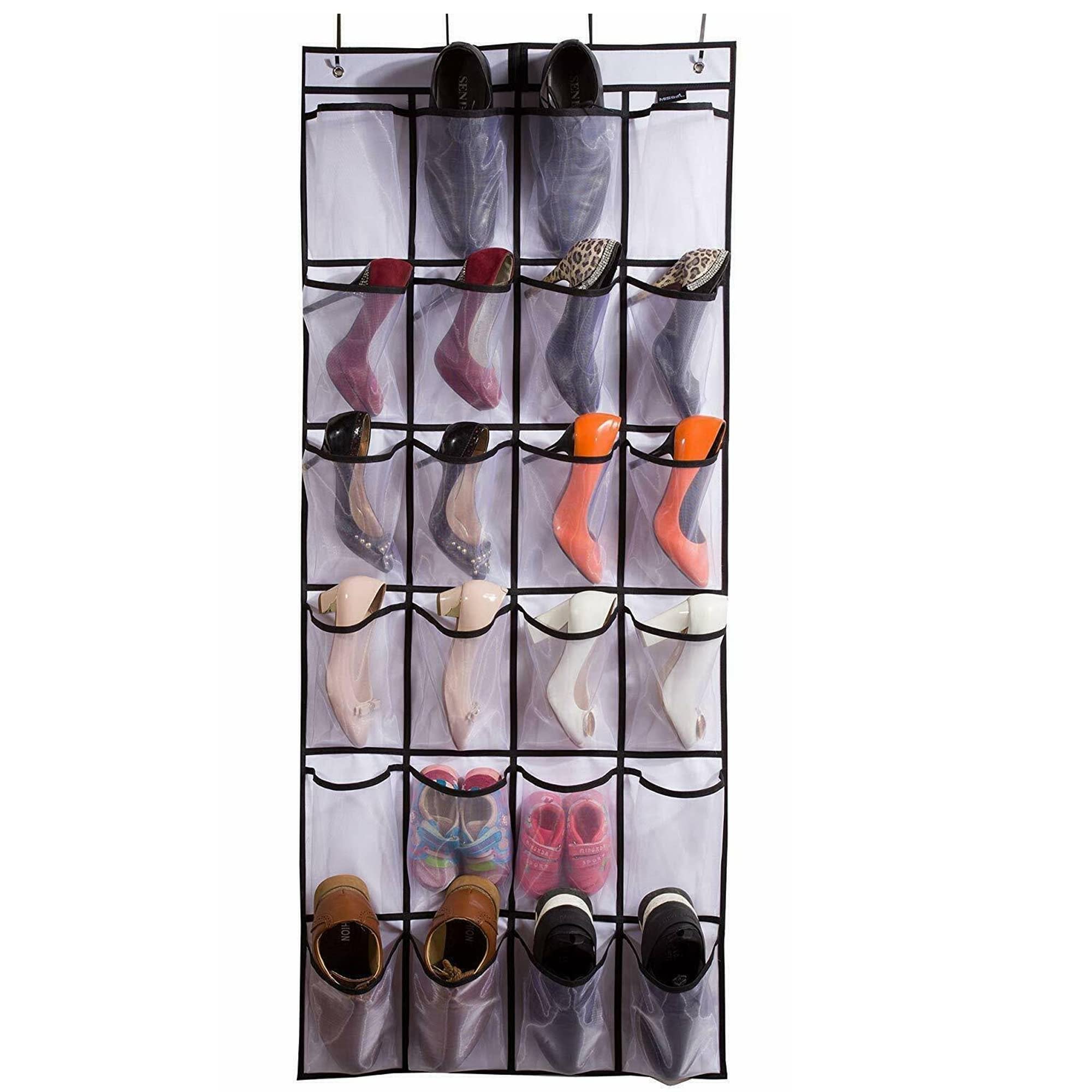 plastific Over the Door Shoe Storage Organiser Hanging Shoe Rack Holder Bag Wall Mounted with 24 Large Mesh Pockets for Wardrobe Door Slippers Tidy with Hanger (White)