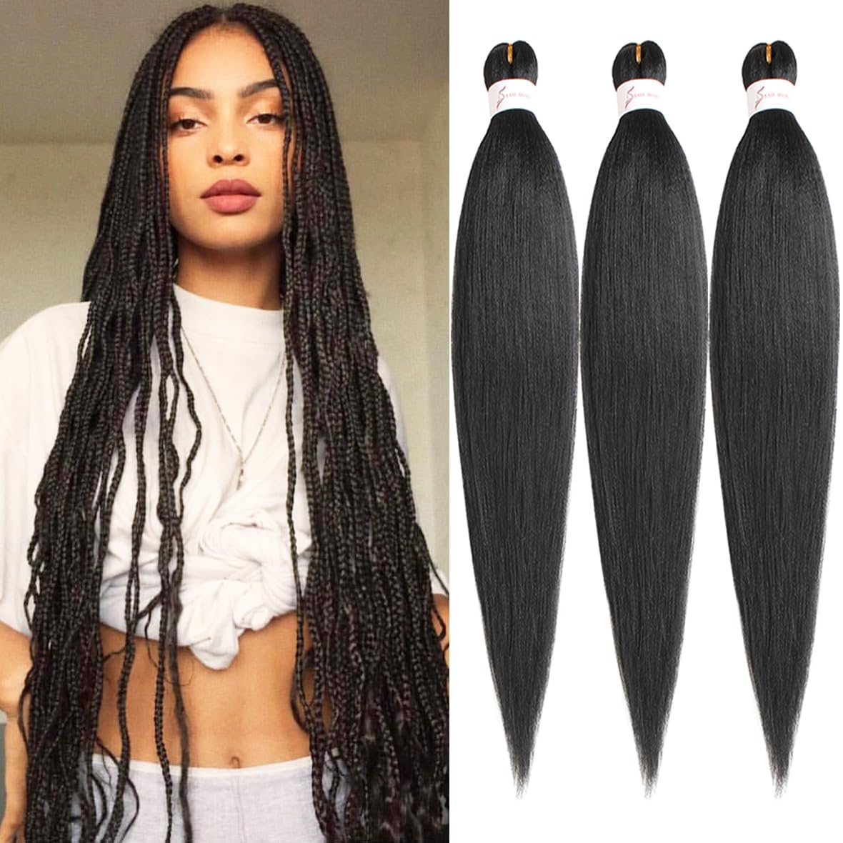 Leeven 3 Packs Pre Stretched Braiding Hair Extension Yaki Texture EZ Braids Hair for Coi Leray Braids Black Braiding Crochet Hair Extensions /30 Inch 1B# โ image 1