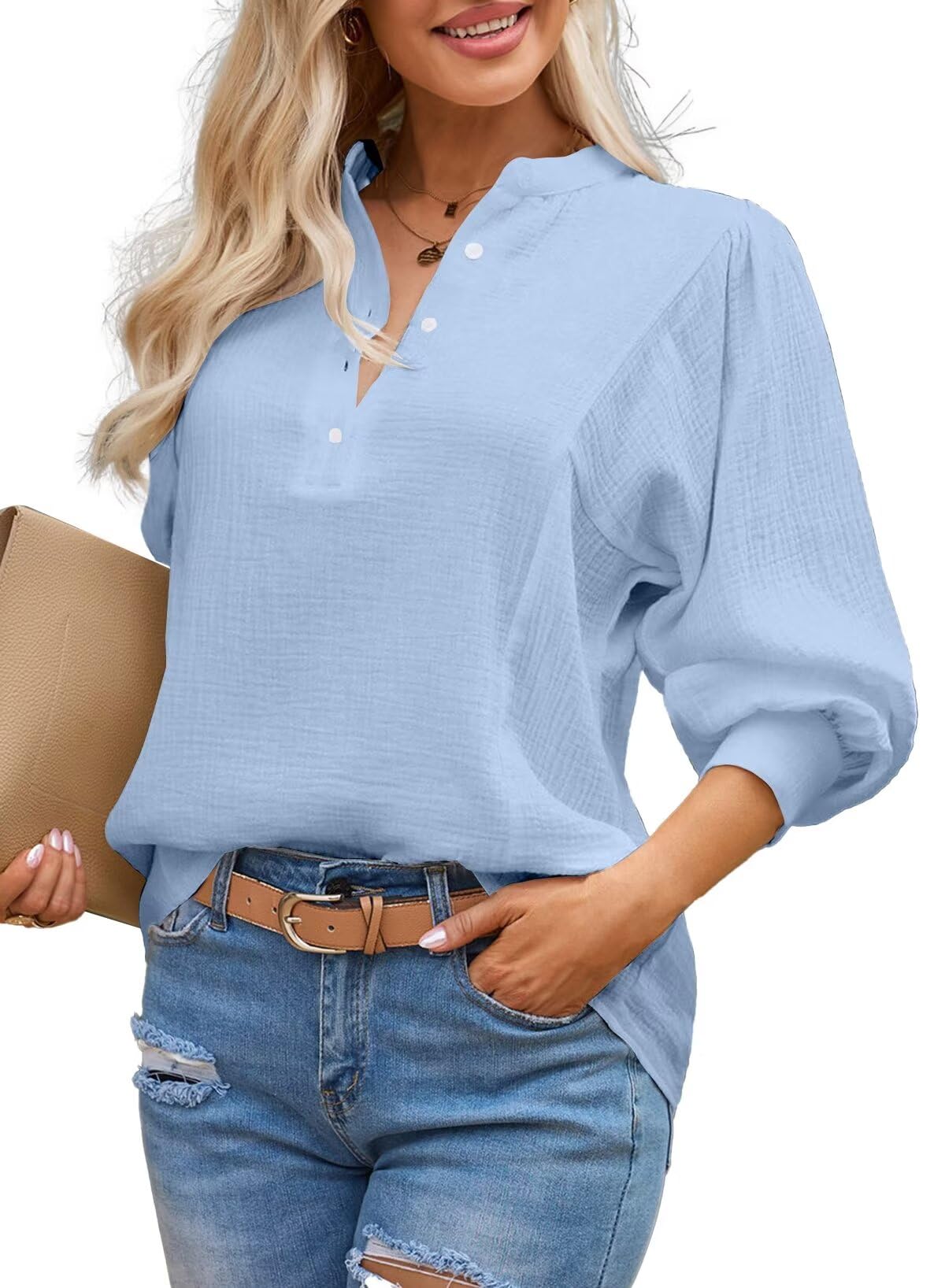 Photo 1 of Astylish Women Lantern Sleeve Linen Top V-Neck Button Cozy Cotton Pleated Texture Shirt Versatile Basic Blouse Sky Blue Small