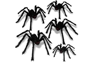 BILLMOSS Halloween Spider Decorations Outdoor - 5 PCS Giant Realistic Hairy Scary Spider Set, Creepy Indoor Yard Home Decor (5 Different Sizes)