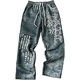 VIPWOLF Men's Vintage Graphic Stacked Sweatpants Streetwear Drawstring Waist Baggy Casual Track Pants