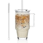 KEMORELA 24 Oz Ribbed Glass Tumblers with Lids and Straws, Tumbler Cup with Handle, Iced Coffee Glassware, Clear Reusable Drinkware for Smoothies and Beverages(1)