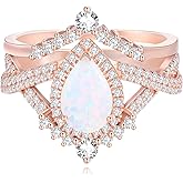 Genuine Opal Engagement Rings for Women 1.5ct Pear Shaped Opal Ring Set 925 Sterling Silver Rose Gold Wedding Ring Set Vintage Halo Infinity 2pcs Anniversary Promise Ring For Her
