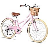 Glerc 20 24 26 Inch Beach Cruiser Bike for Over 6 Years Old Girls and Teen | 6-Speed Derailleur, Wicker Basket, Fender, High Tensile Steel Frame, V-Brake, 85% Pre-Assembled, Multiple Colors