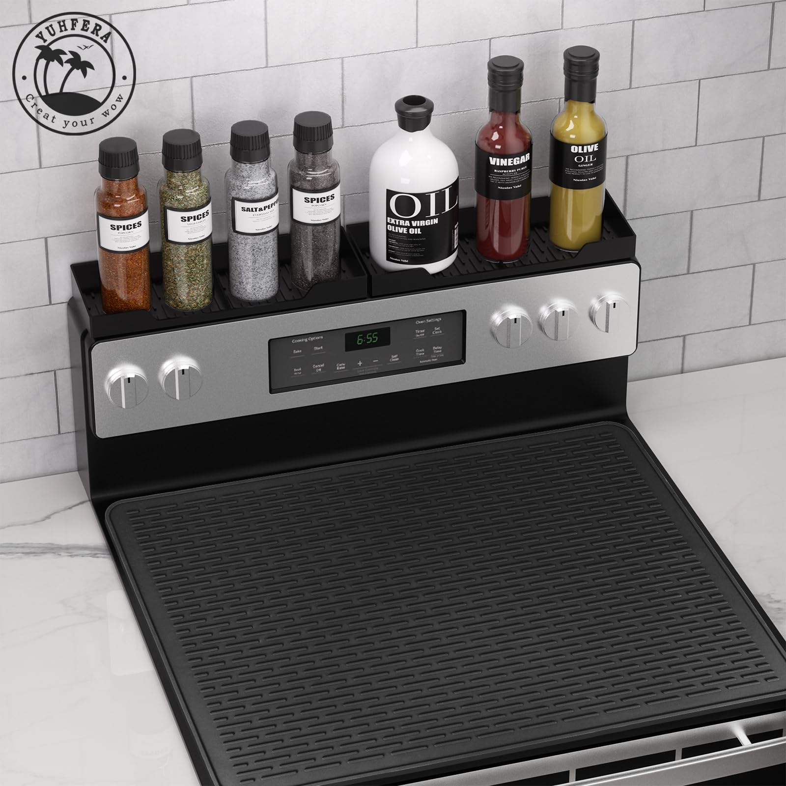 Silicone Stove Mat & Spice Rack Set: Stove Top Cover for Electric Stove, Glass Top Stove Protector for Range top, Extra Cook Space Store（Black,28x20）