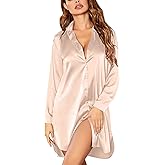 Ekouaer Satin Nightgown for Women Button Down Silk Sleepshirts Sexy V Neck Night Gown Long Sleeve Night Shirts S-3XL