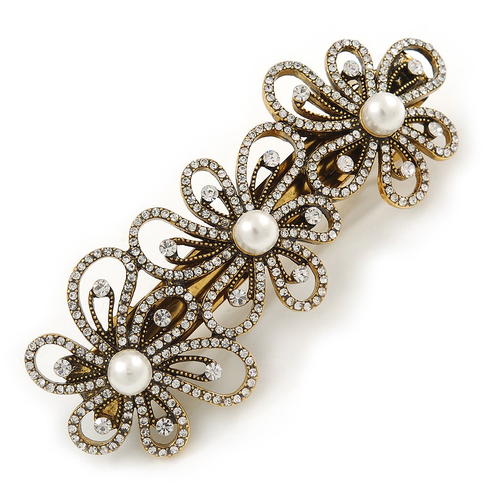 Vintage Inspired Antique Gold Open Cut Clear Crystal, White Glass Pearl Flower Barrette Hair Clip Grip - 85mm Across