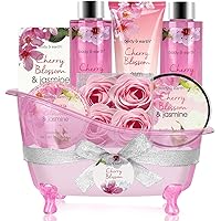 Bath Gifts Set for Women - Body & Earth 8 Pcs Spa Gift Basket with Cherry Blossom & Jasmine Scent, Home Relaxation Spa Set In