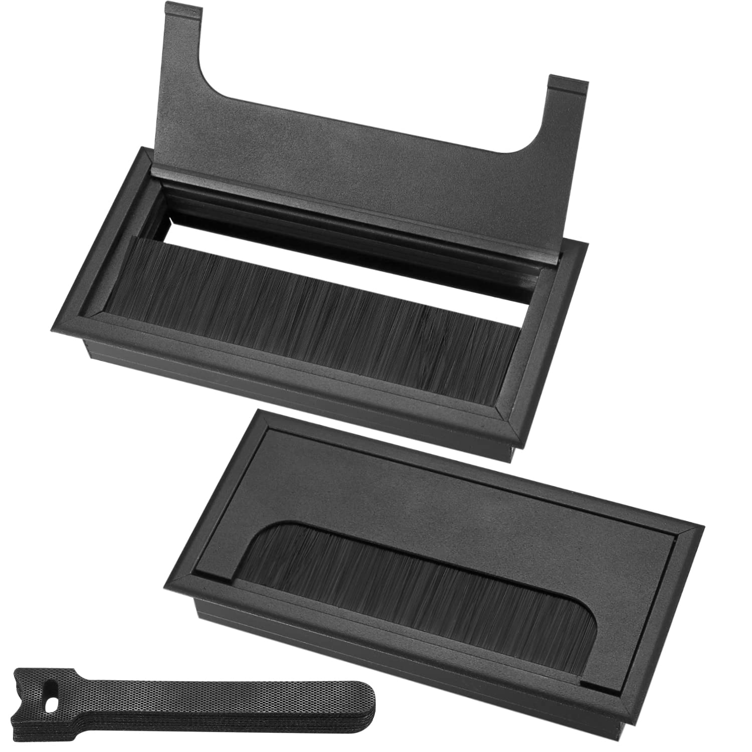2 Pcs Desk Table Grommets, Aluminum Alloy Rectangle Cord Cable Wire Hole Covers Organizer, Cable Tidies Port Hole Covers with Brushes for Home Office Table (Black, 160x80mm) — image 1