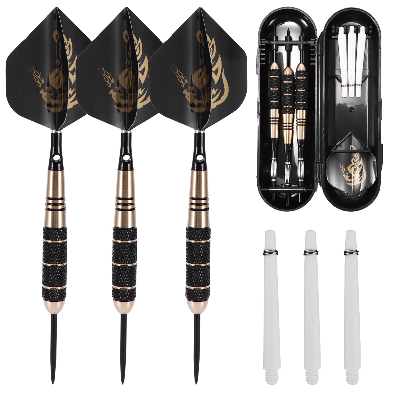 Bwetomk 1 Set Professional Steel Tip Darts Set, 3 Pack Professional 24g Dart with Darts Case, 3 Dart Flights, 3 Extra Plastic Shafts, Rubber Rings, Dart Flight Clamps, Darts Case Dart Tool Gift