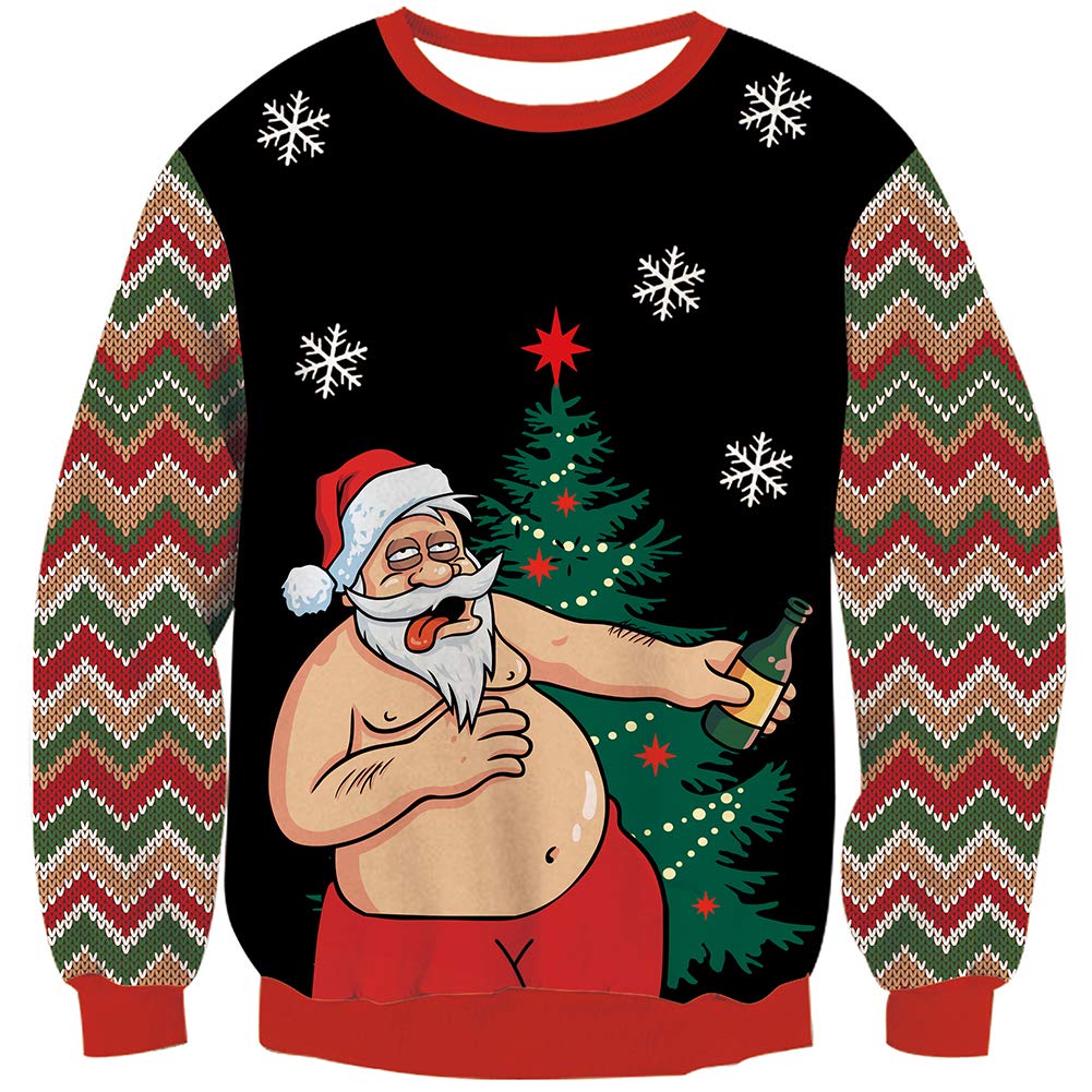 Lightweight Ugly Christmas Sweater for Men Plain Black Alcoholic Saucy Santa Snowflakes Trees Classy Chunky Santa Sweaters Long Sleeve O-Neck Thick Pullover Xmas Knitted Tunic Top for Bro Dad Grandpa