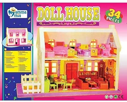 SHINRAI Doll House Play Set, Doll House with Master Bedroom, Dining Room, Living Room, Bath Room, Infant Room, 34 Pieces (Color May Vary)
