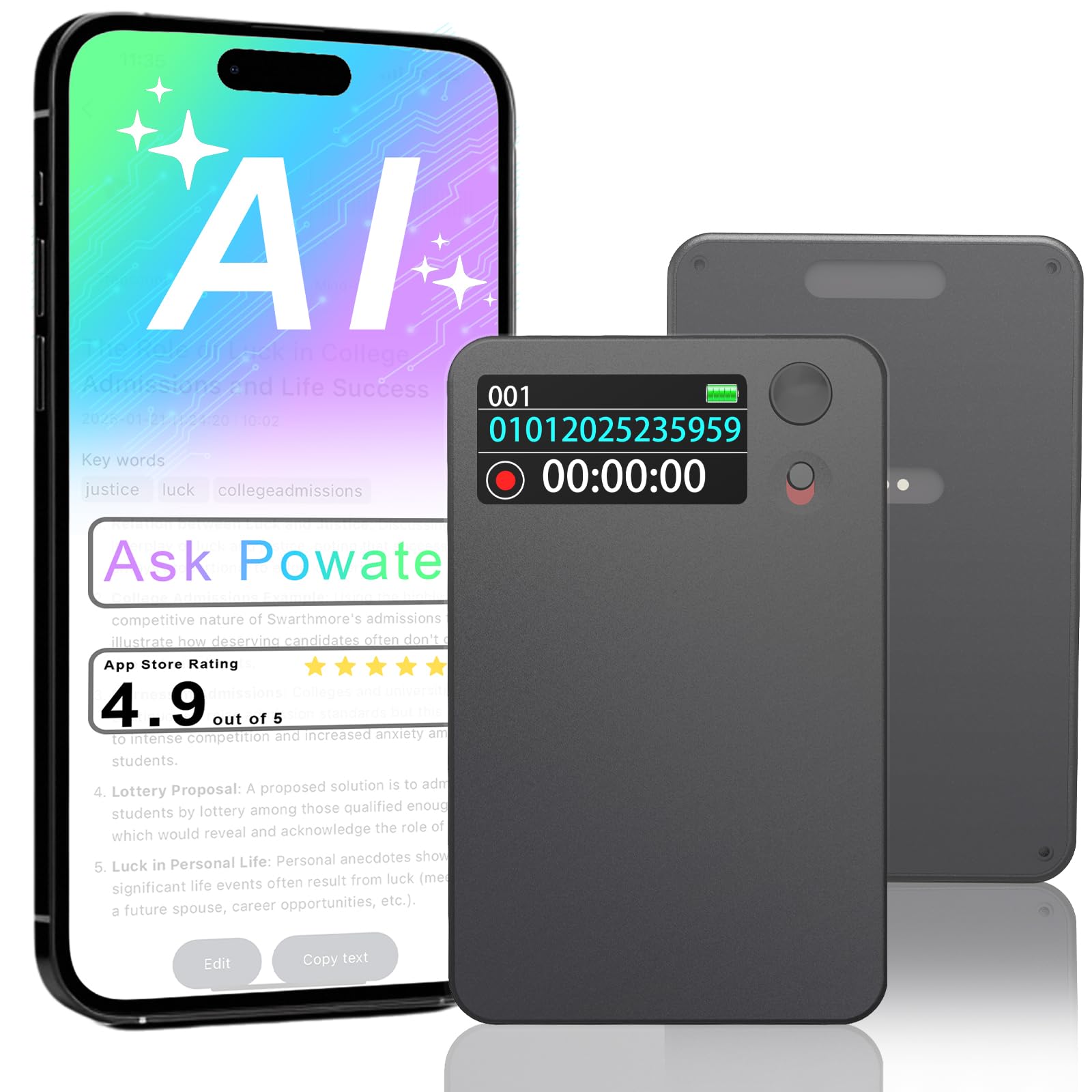 Photo 1 of AI Voice Recorder, Transcribe & Summarize by ChatGPT, Digital Recorder Device with Playback for Lectures, Meetings, Calls, Support 107 Languages, 64GB Memory, APP Control