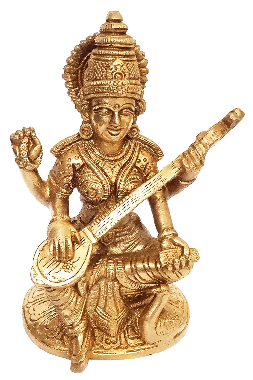Purpledip Brass Statue Saraswati (Saraswathi): Hindu Goddess Of Knowledge, Saraswati Idol Music & Art; Decor Gift (11237)
