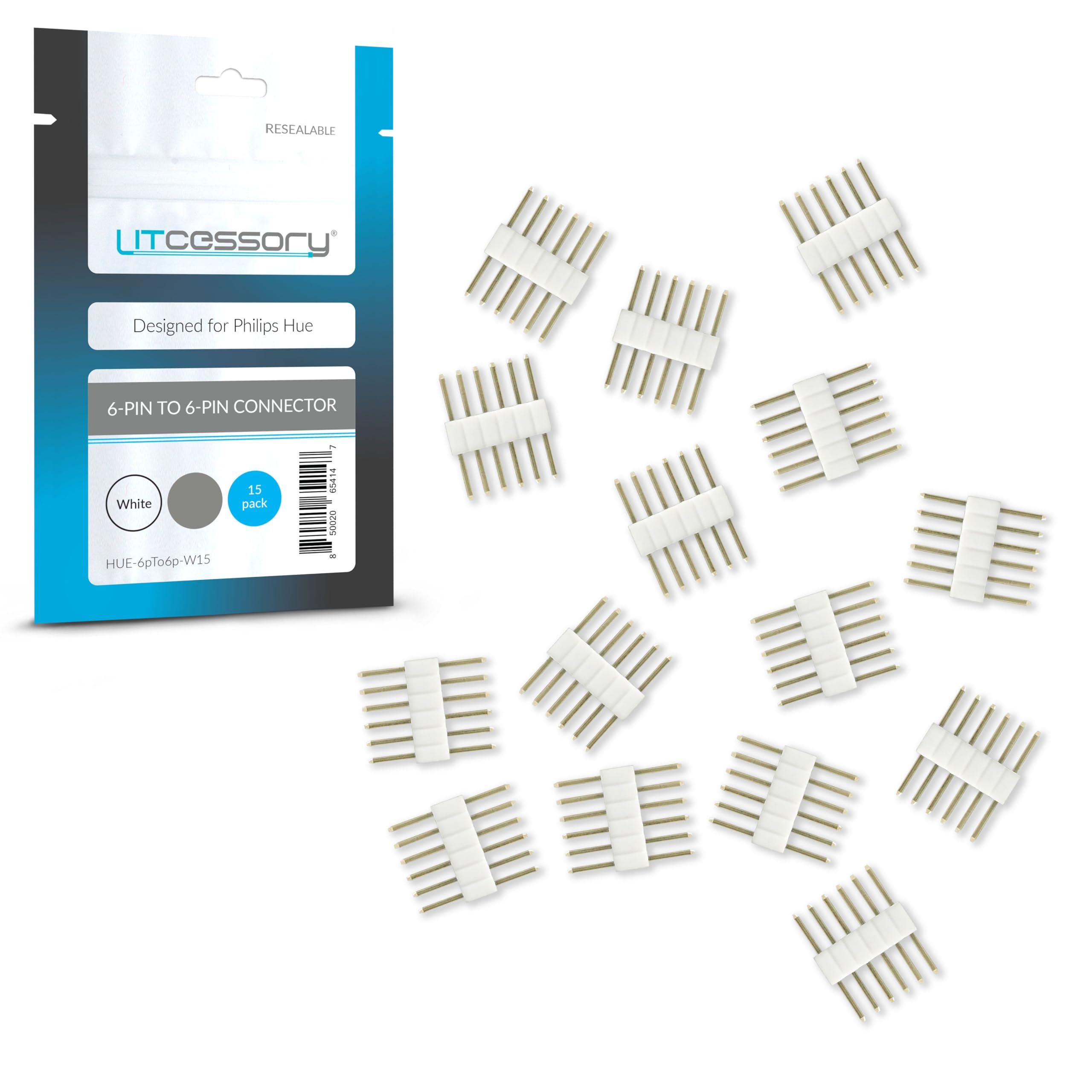 Litcessory 6-Pin to 6-Pin Connector for Philips Hue/Solo Lightstrip (15 Pack, White - Micro 6-PIN V4 / Solo Lightstrip)